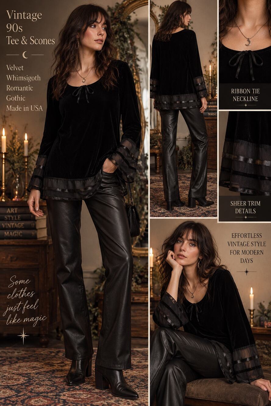 Vintage 90s Black Velvet Tunic Top XS Whimsigoth Gothic Sheer Ribbon Trim